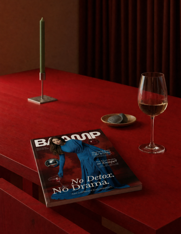 BAAMP magazine on a red table beside a candle and a glass